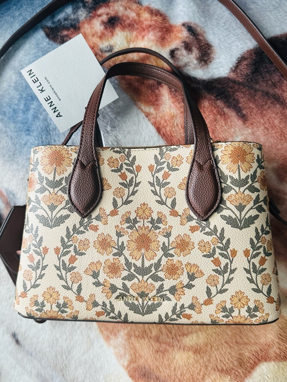 Anne Klein Cream Floral Top-Handle Satchel with Brown Trim - Picture 1 of 6